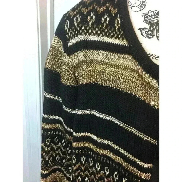Chico’s Size 2 Large Black Gold Stripe Open Front Sweater Fringe Sequins - Picture 3 of 8